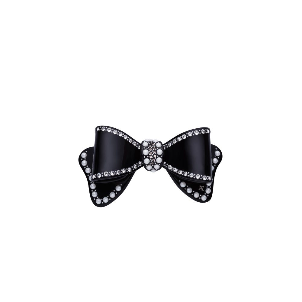 In Love with Bow Collection: 8cm Auto Barrette Decorated with European Crystals and Pearls - Black