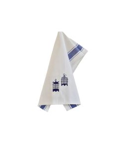 Embroidered Birdcages Tea Towel - Blue