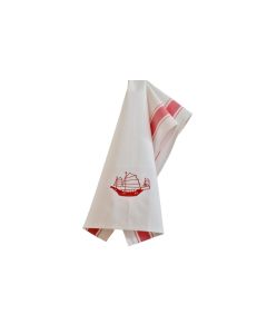 Embroidered Junk Boat Tea Towel - Red