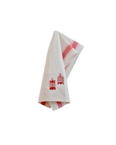Embroidered Birdcages Tea Towel - Red