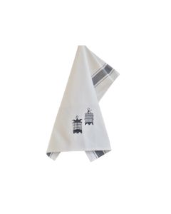 Embroidered Birdcages Tea Towel - Grey