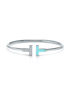 Tiffany T Wire Bracelet in White Gold with Diamonds and Turquoise, Size M