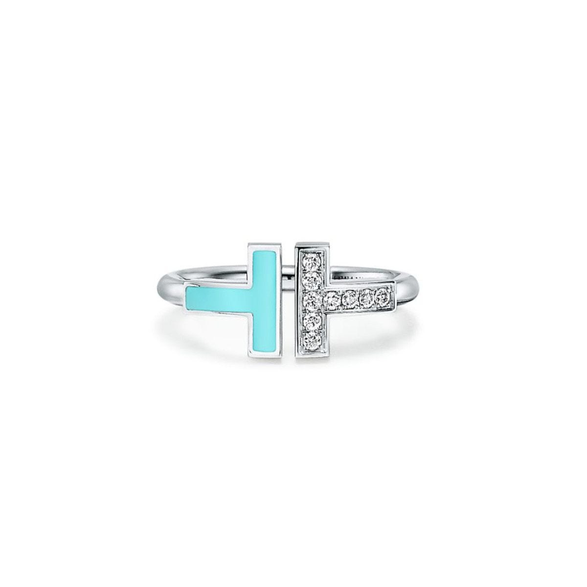Tiffany T Wire Ring in White Gold with Diamonds and Turquoise