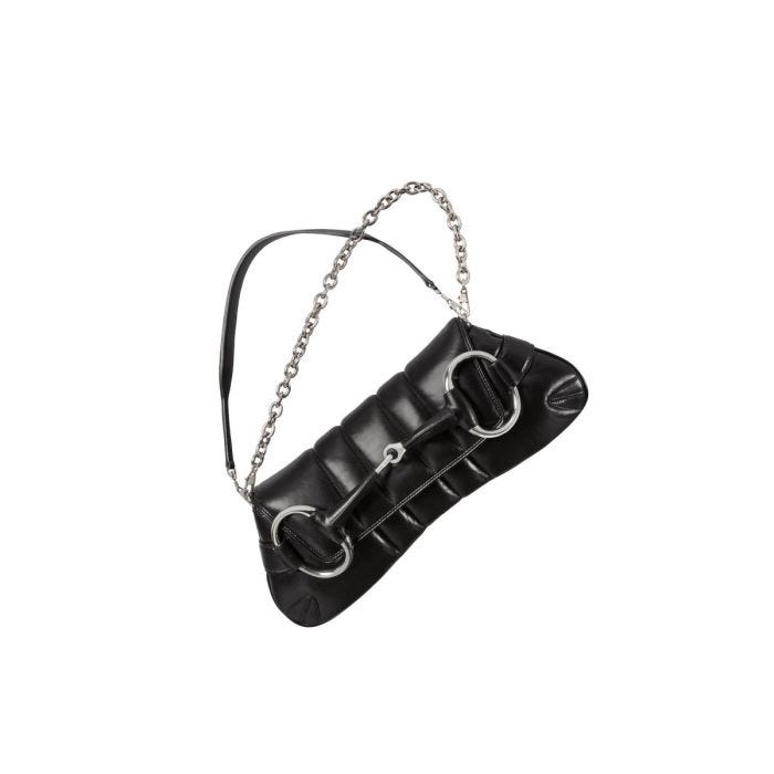 Gucci Horsebit Chain Medium Shoulder Bag in Black Leather